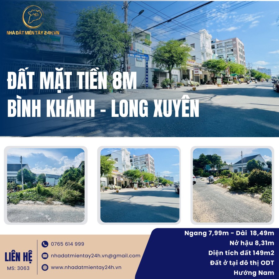 🔥 CƠ HỘI ĐẦU TƯ HIẾM CÓ - ĐẤT NỀN MẶT TIỀN 8M TẠI LONG XUYÊN, AN GIANG! (MS: 3063) 🔥